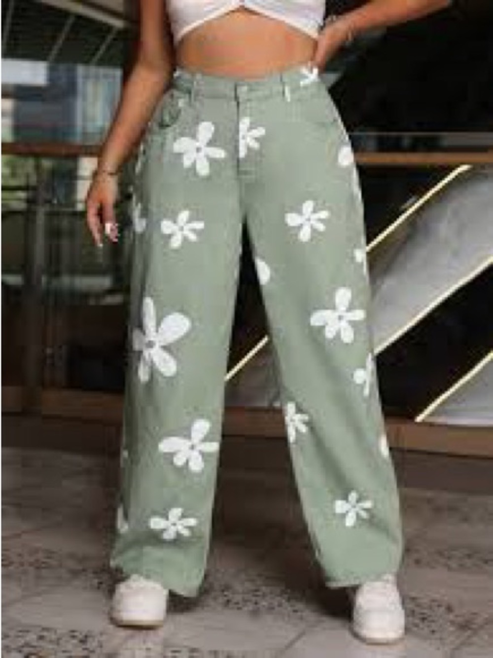 SHEIN Sage Green Wide-Leg Floral Print Pants